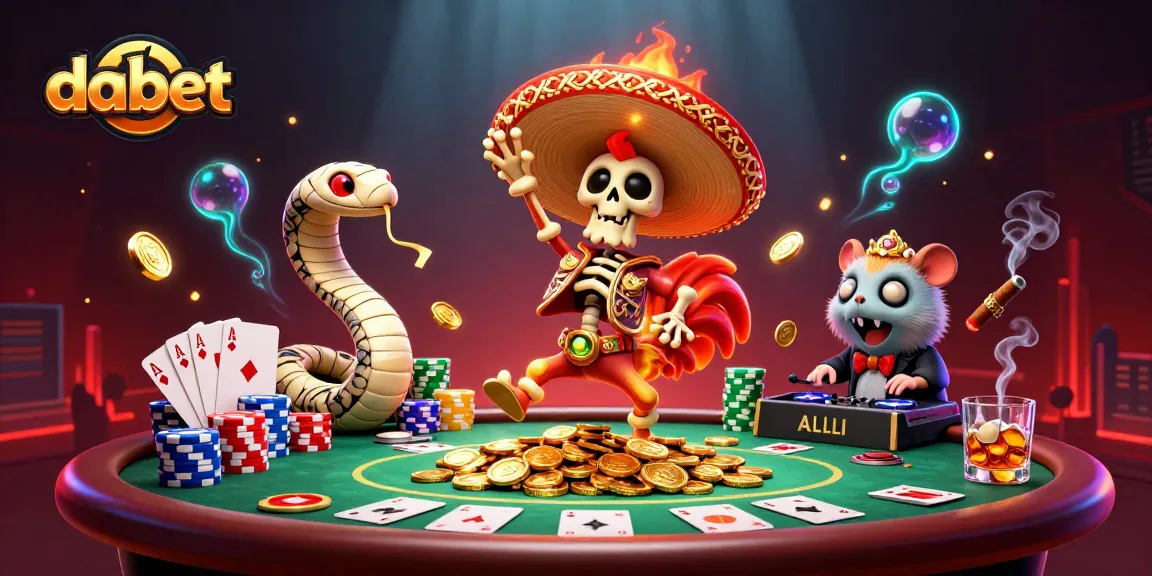 Dabet showcases a vibrant casino scene with a dancing mariachi rooster, mummy snake, and DJ hamster amidst poker elements.