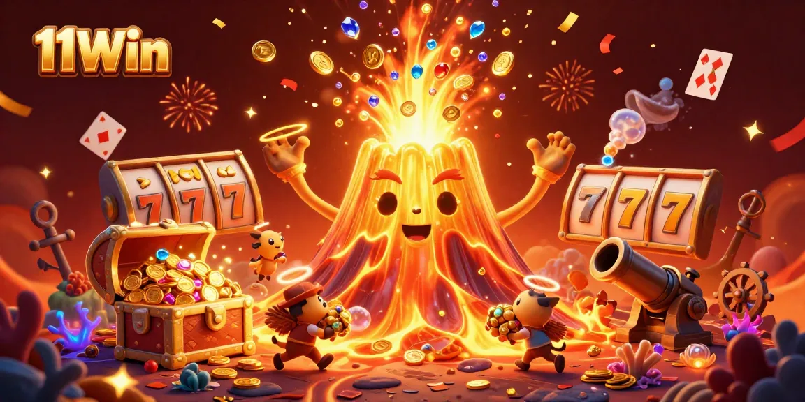 Engage with 11Win's thrilling jackpot excitement through the erupting golden volcano scene.