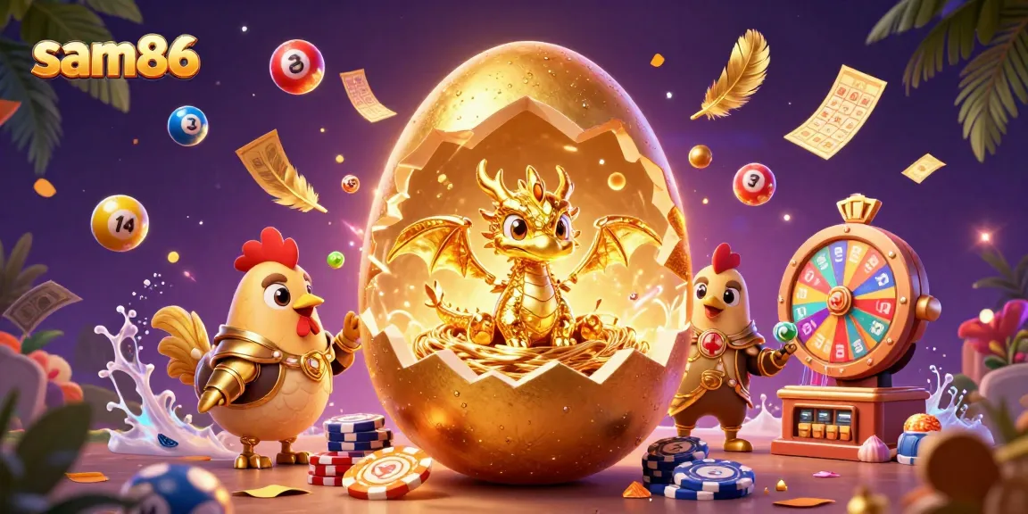 Experience excitement at sam86 as the golden dragon emerges from its egg amidst vibrant casino elements.
