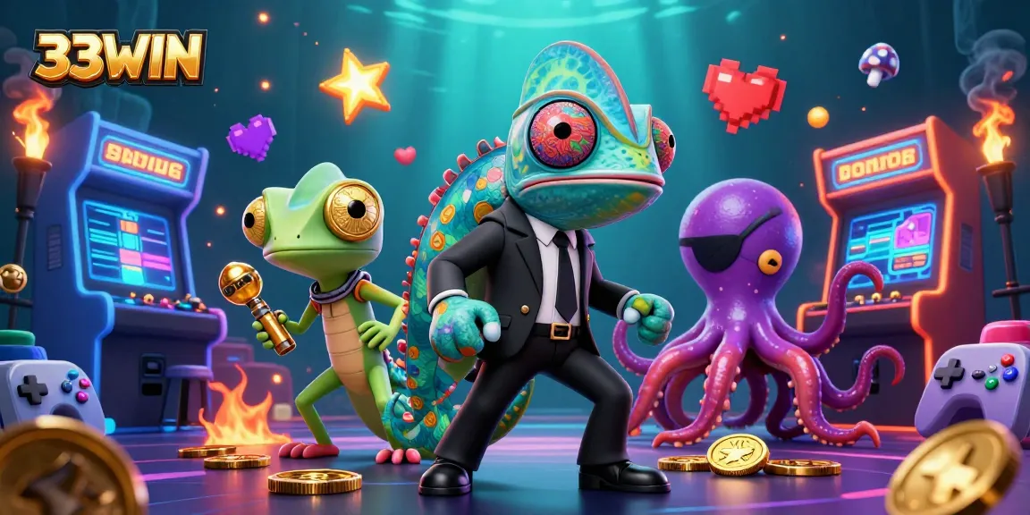 Experience thrilling gaming action at 33WIN with vibrant characters and arcade elements.