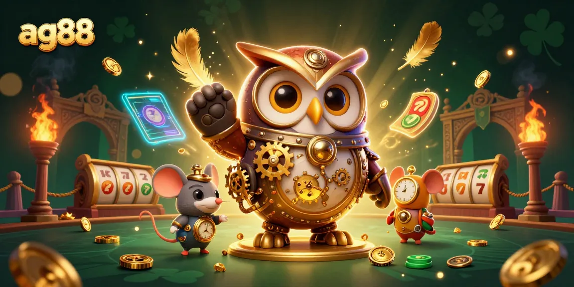 Engage with ag88's thrilling casino experience featuring a time-traveler owl and gold coins.