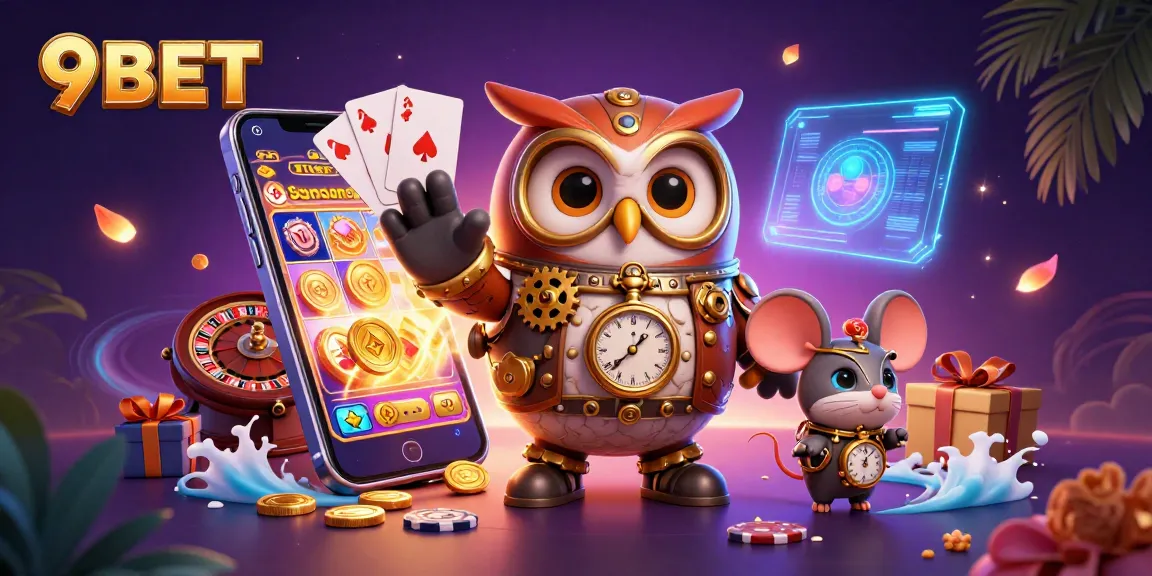 Engage with 9BET as a steampunk owl and mouse explore an energetic casino realm.
