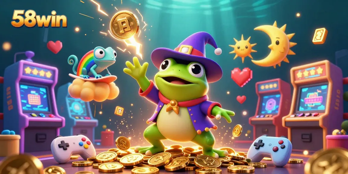 Experience the thrill at 58win, where a mystical frog conjures golden coins amidst colorful gaming elements.