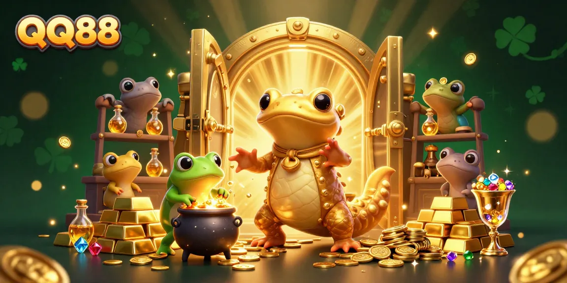 Experience QQ88's magical casino transformation with a golden salamander and frog alchemist.