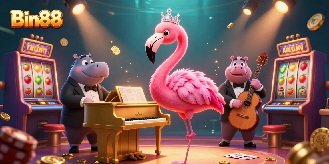 Engage with Bin88's vibrant slot game scene featuring a singing flamingo and hippo bassist.