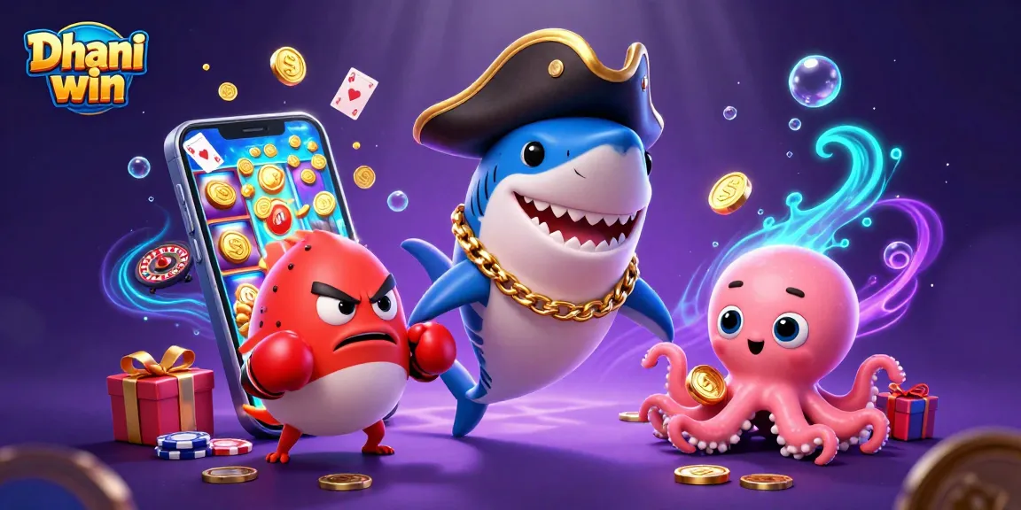 Dhani win showcases fun gaming action with a cartoon shark, pufferfish, and octopus in an exciting online casino scene full of colorful slot machines and rewards.