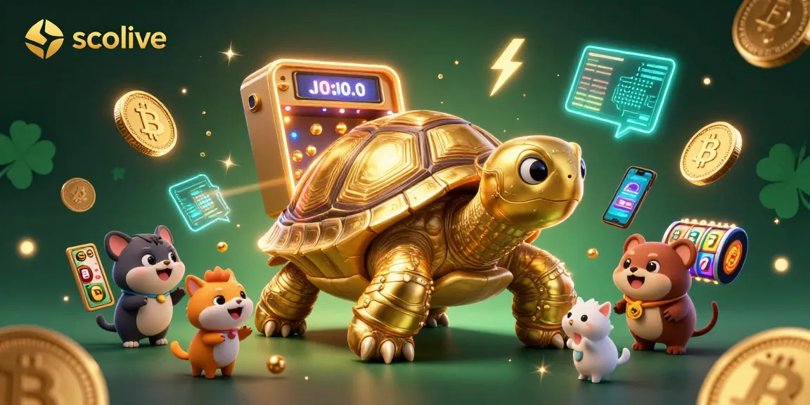Socolive showcases a thrilling gambling scene with a colossal tortoise pinball machine and vibrant crypto elements.