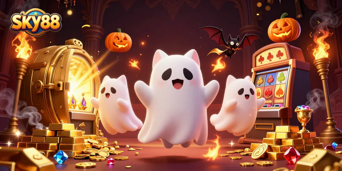 Engage with thrilling opportunities at SKY88, featuring a friendly ghost cat in a vibrant casino.