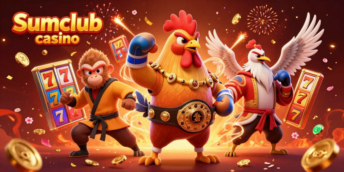 Experience excitement at Sumclub casino with a majestic Muay Thai rooster, Shaolin monkey, and wise crane in a vibrant, festive atmosphere.