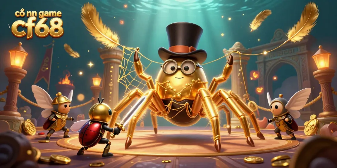 Engage with cổng game cf68 as a giant tarantula weaves gold strands in a vibrant casino scene.