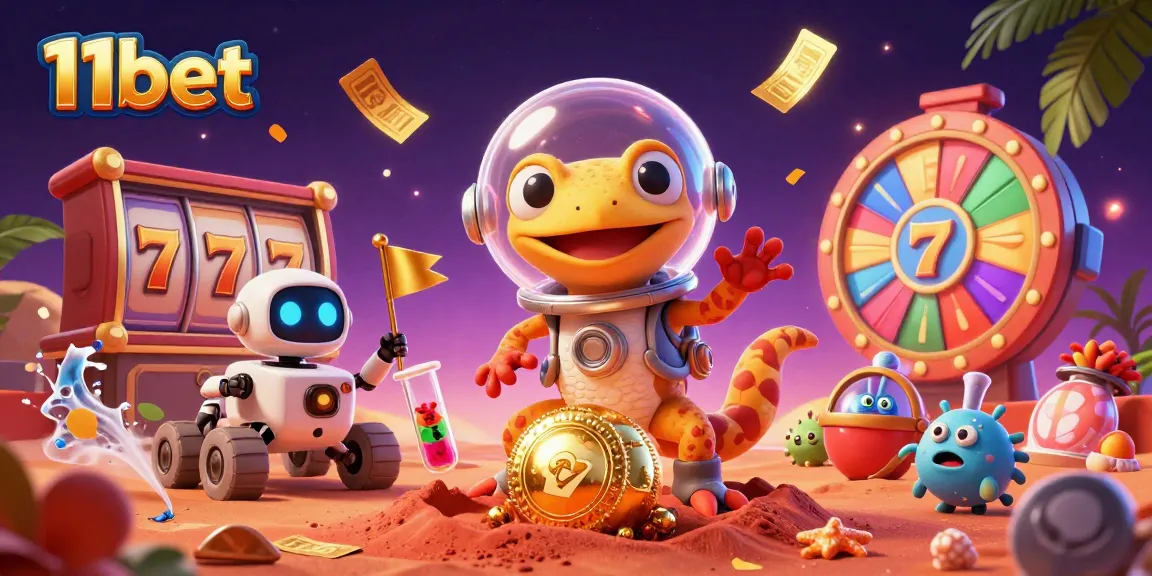 Engage with 11bet as a Martian gecko finds a golden casino amid vibrant slot reels.
