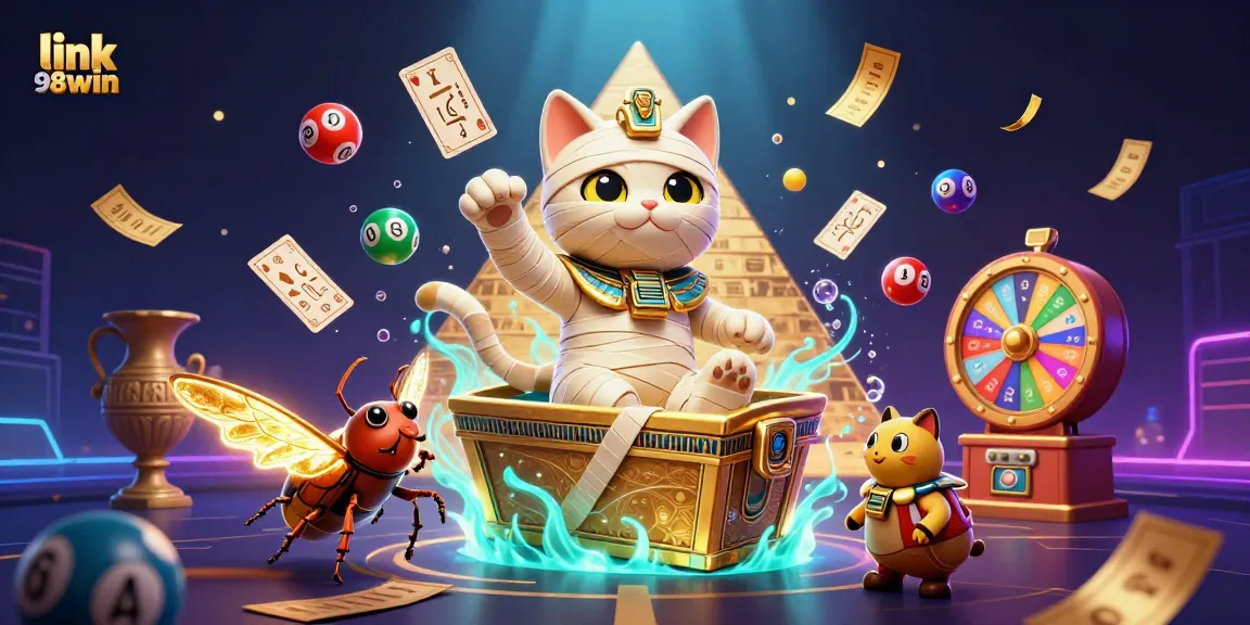 Engage with link 98win in a vibrant casino scene featuring an Egyptian mummy cat and vibrant lottery elements.