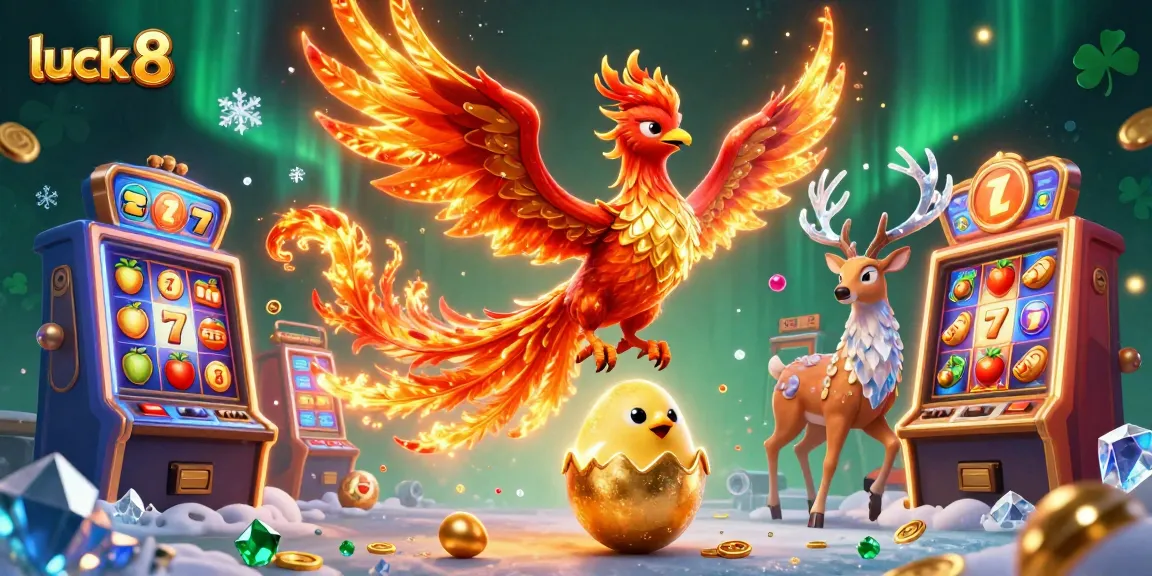 Play lucky 8 with exciting slot machines and mystical characters in a vibrant 3D scene.
