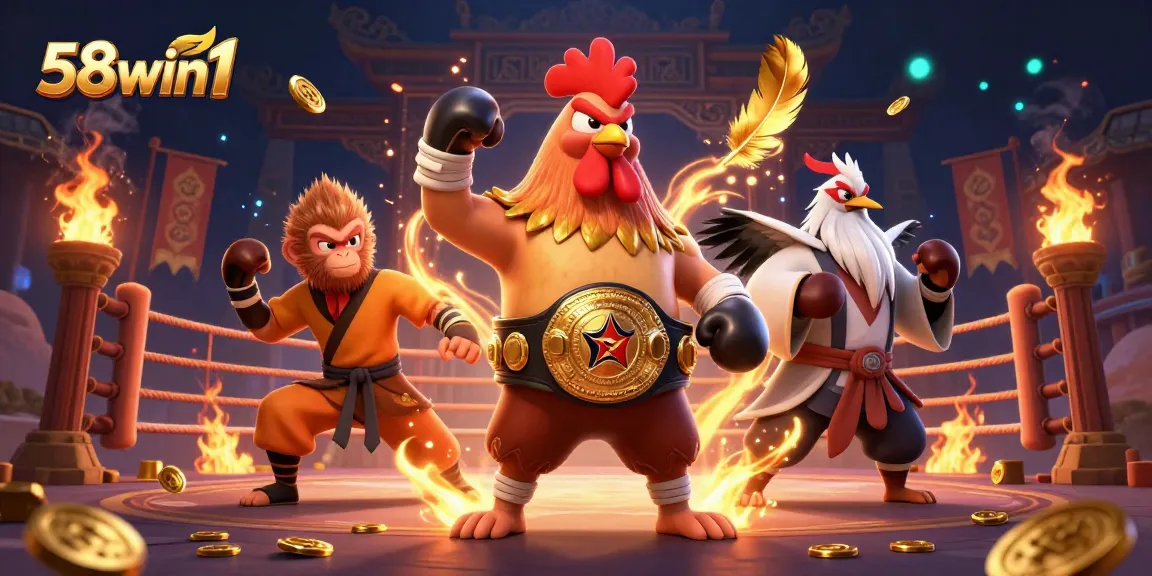 Bettors engage with thrilling gameplay featuring 58win1's dynamic Muay Thai rooster, Shaolin monkey and wise crane master.