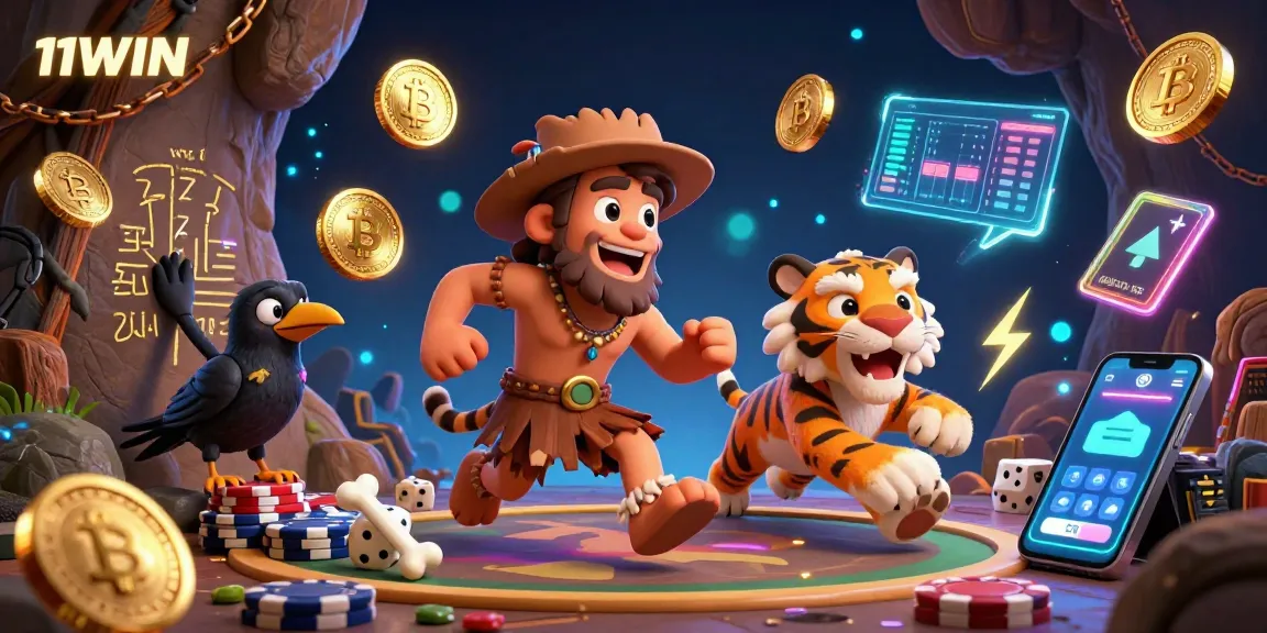Play exciting games at 11WIN's prehistoric casino with vibrant Bitcoin and Ethereum elements.