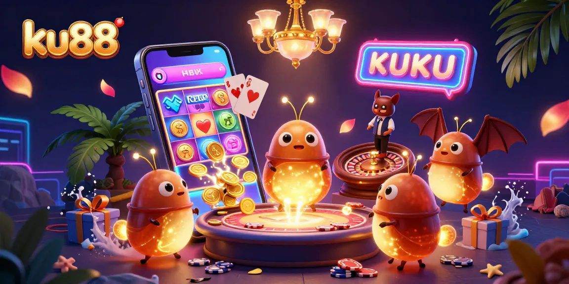 ku88 illuminates a vibrant 3D cave casino scene with glowworms and a bat dealer.