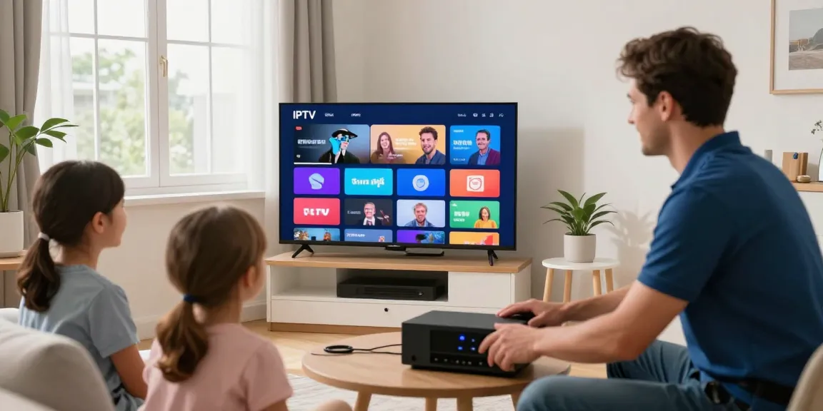 IPTV service by trusted local provider setting up entertainment solution in family home.