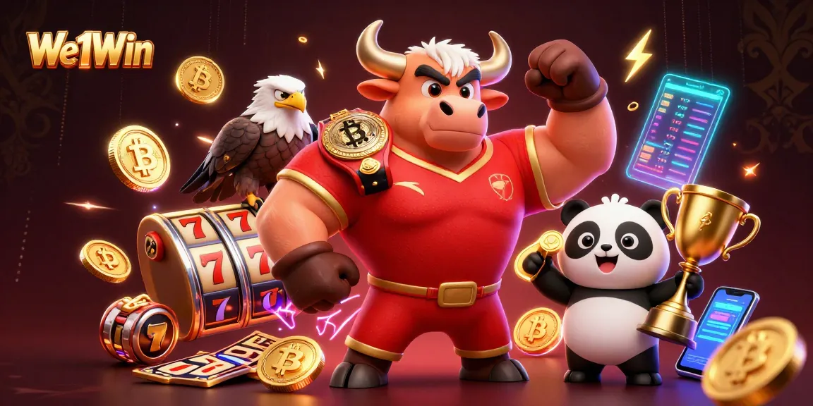 Win big with We1Win in this dynamic casino scene featuring exciting slots and vibrant characters.