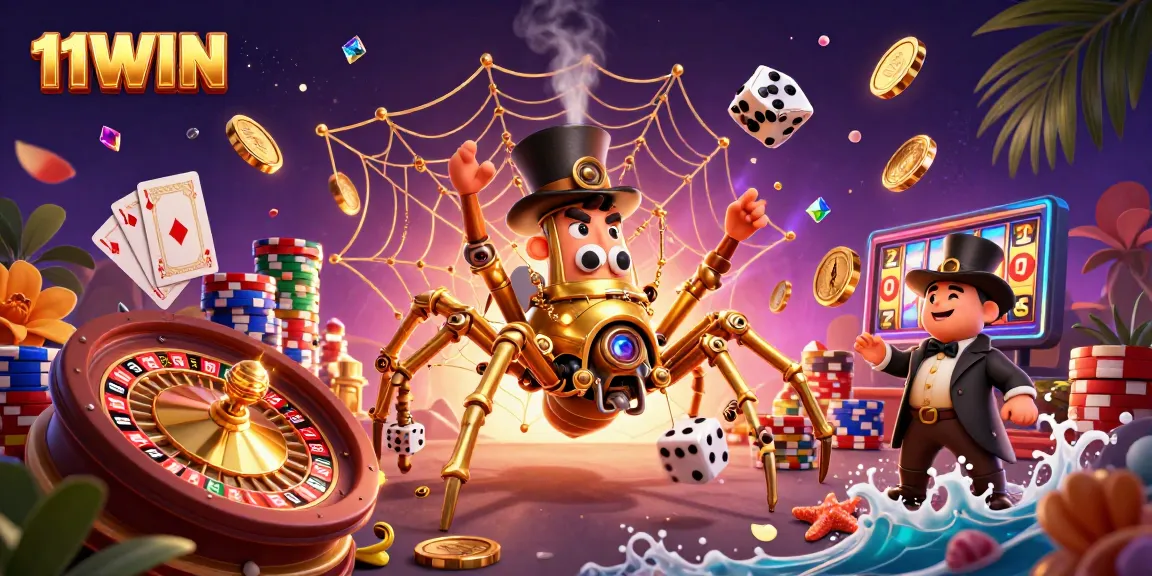 Win big at 11WIN with a dynamic illustration featuring a steampunk spider, golden coins, and casino symbols.