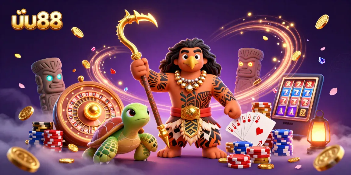 Experience thrilling gameplay with uu88, featuring a Polynesian demigod and sparkling casino elements.