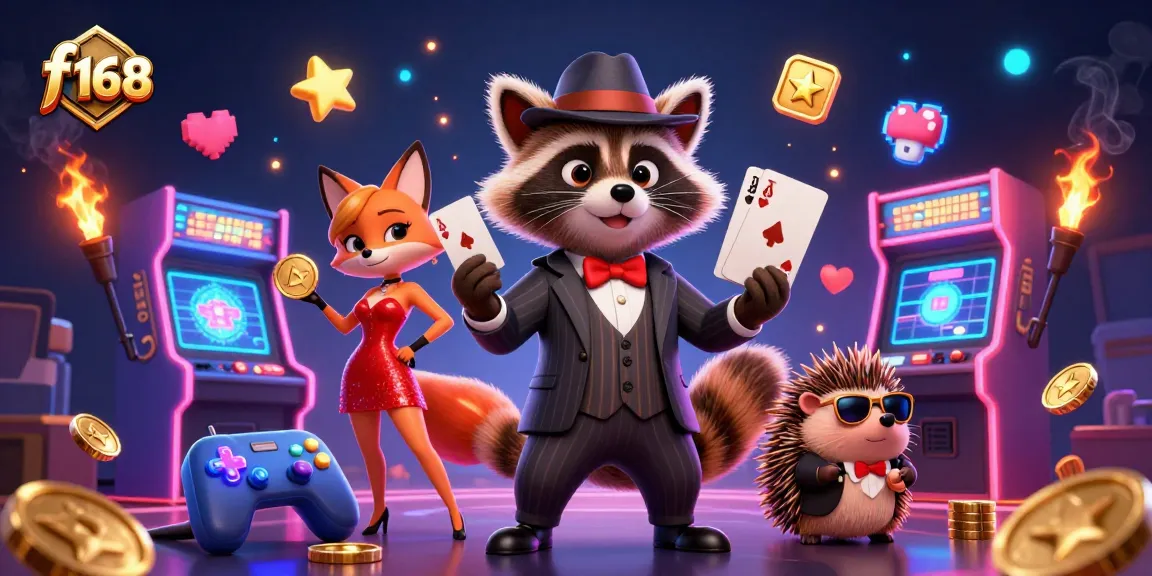 Play exciting games at f 168 with a charming raccoon, fox, and hedgehog amid dynamic casino elements.