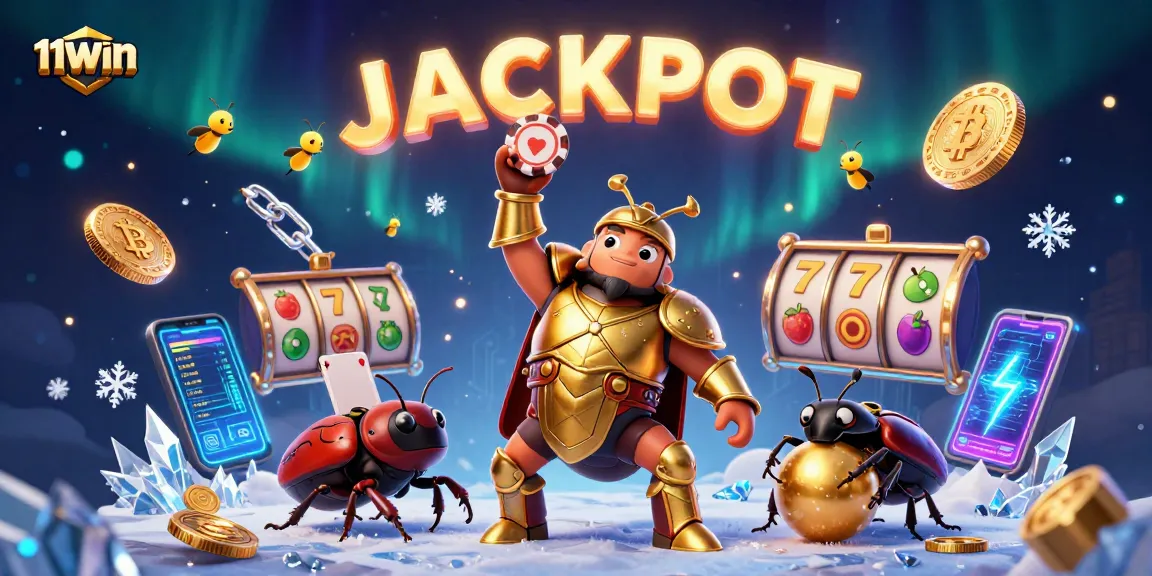 Join the 11WIN victory with a cartoon beetle lifting a poker chip above colorful slot elements.