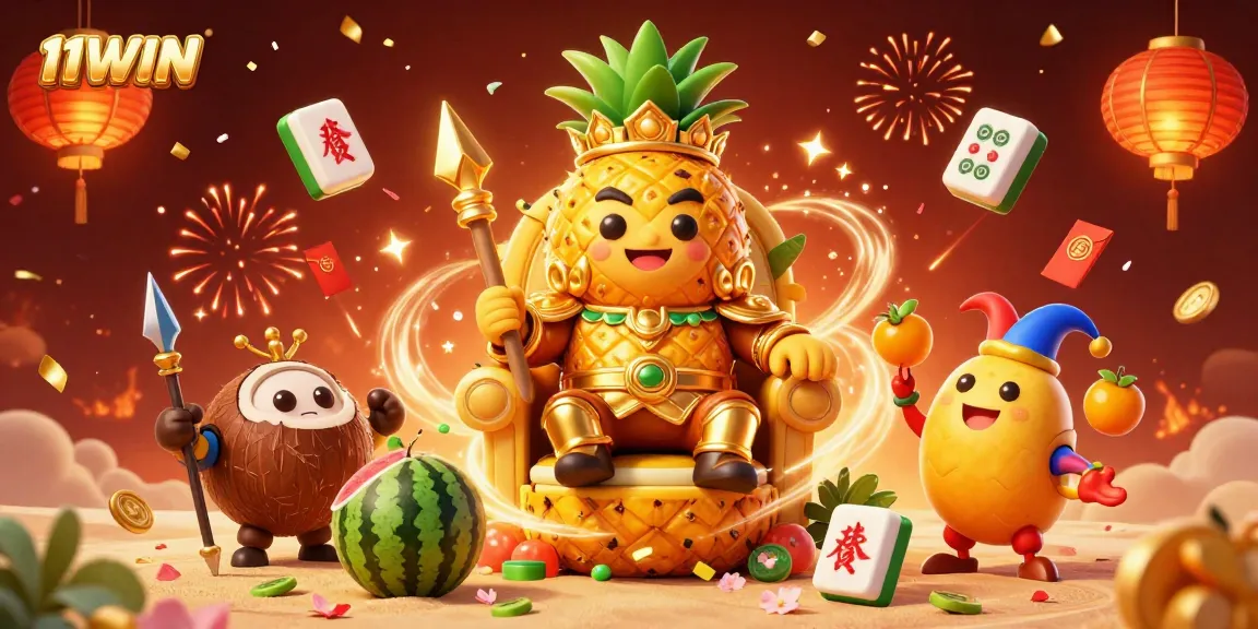 Experience the excitement of 11WIN in vibrant 3D illustration with a golden pineapple king and dynamic casino elements.