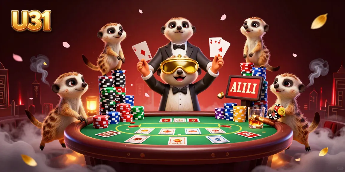 U31 meerkat casino background with vibrant poker game elements and dynamic action in a cartoon style