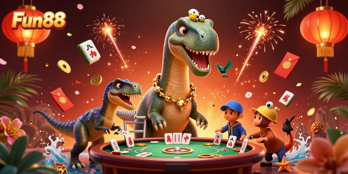 Enjoy thrilling Fun88 adventures with a playful dinosaur dealer and rich casino elements.
