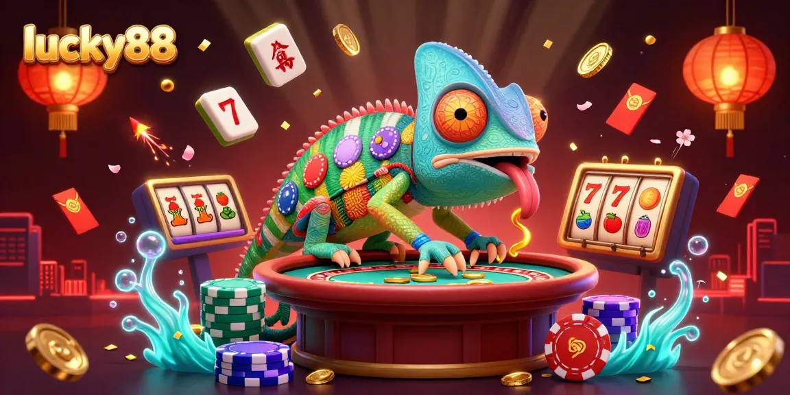 Experience the vibrant world of lucky88 with our 3D chameleon casino owner amid slot reels and mahjong tiles.