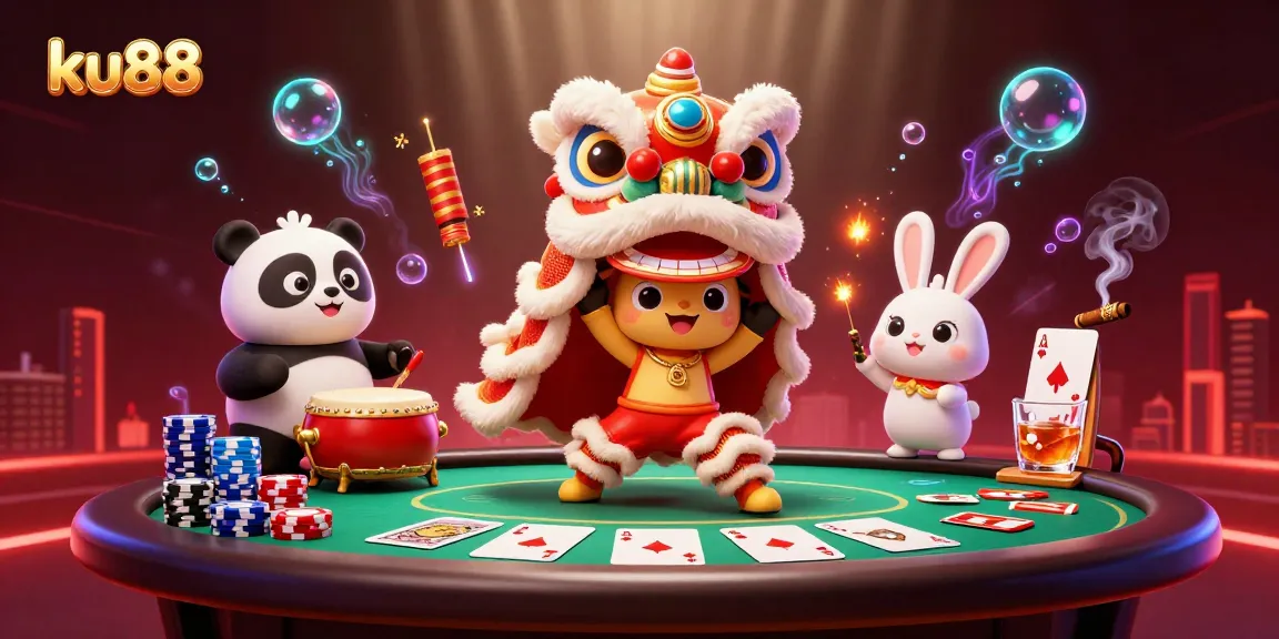 ku88 showcases a vibrant lion dance amidst poker chips and cards in an engaging casino scene