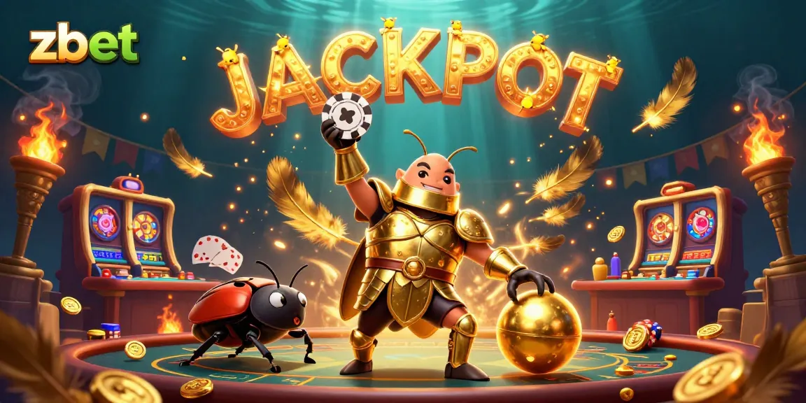 Zbet offers thrilling poker action with a 3D gladiator beetle winning a jackpot, capturing vibrant casino energy.