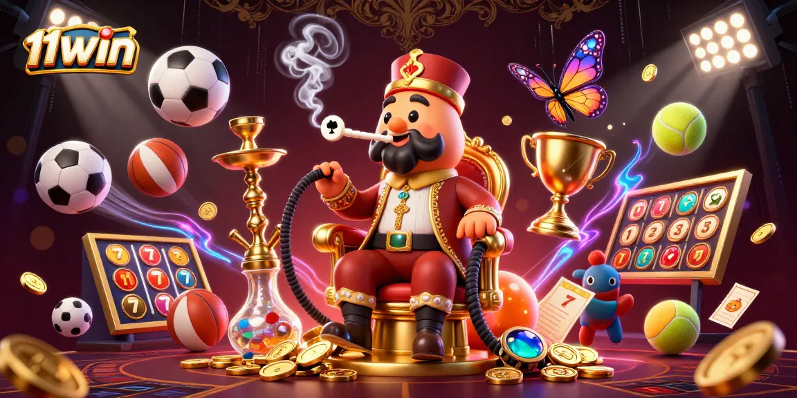 Engage with 11WIN's vibrant gaming scene featuring a 3D caterpillar, slot reels, and sports elements.