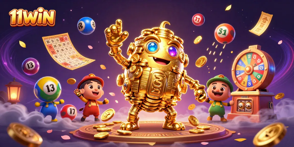 Engage with 11WIN's captivating gaming scene featuring an animated golden golem and lottery elements.