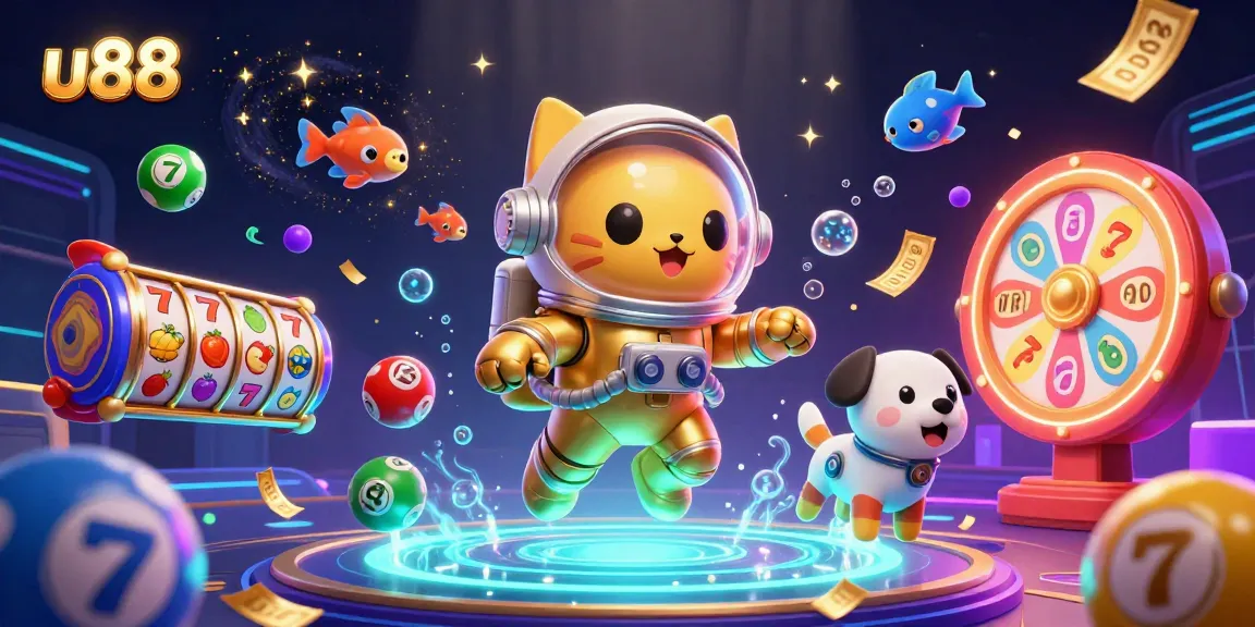 Spin and win with u88 in a vibrant 3D casino scene featuring dynamic lottery balls and slot reels.