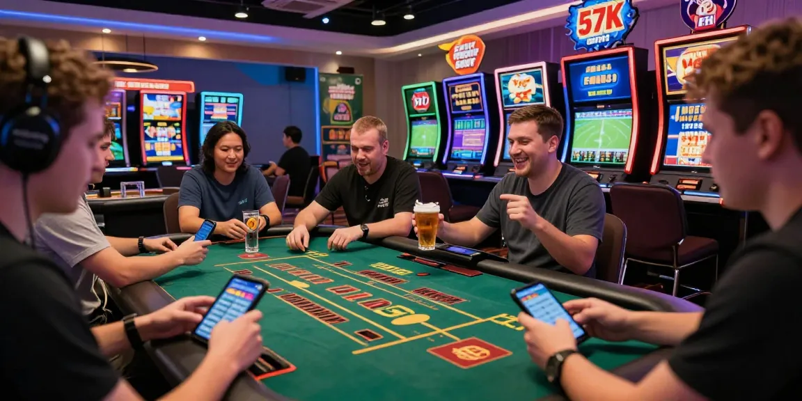 Enthusiastic players enjoying online betting at SHBET, surrounded by vibrant gaming screens and promotional offers.