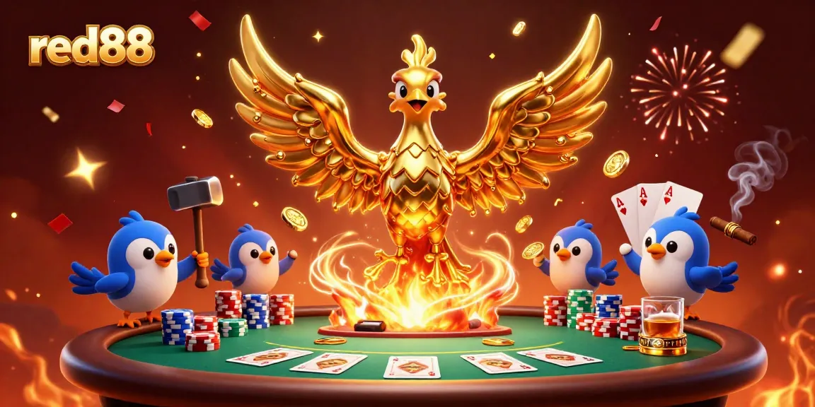 Experience gameplay at red88 with a golden phoenix and poker elements showcasing dynamic casino action.