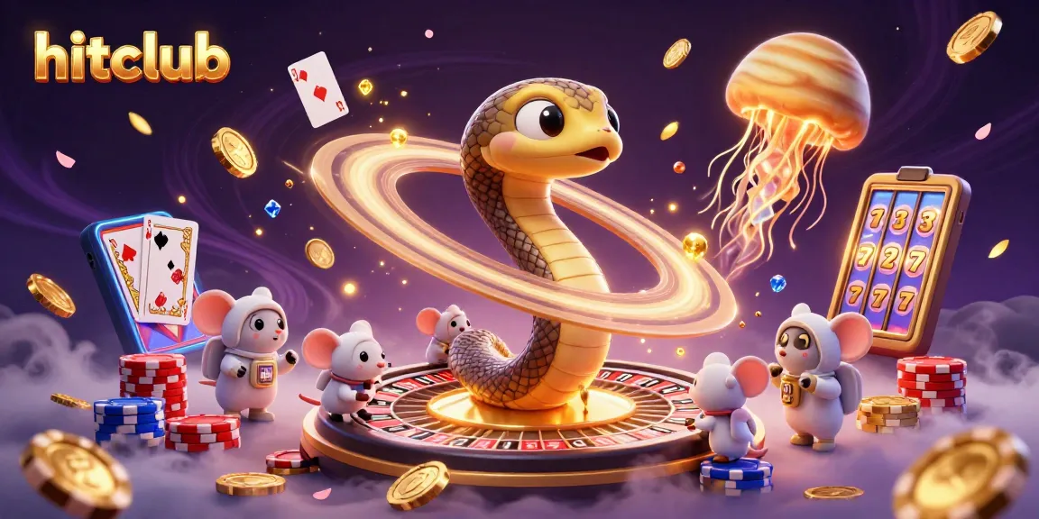 Play and win at hitclub with a vibrant casino-themed cosmic illustration featuring roulette and slot games.