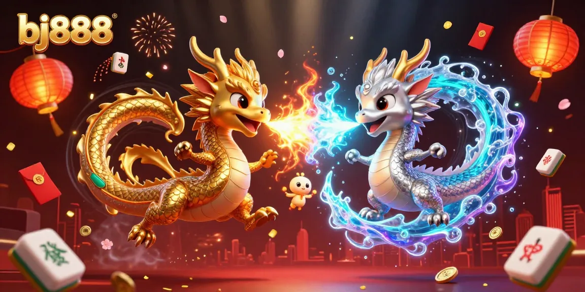 Engage with bj888's thrilling dragon battle in a vibrant 3D casino atmosphere featuring fiery and icy elements.