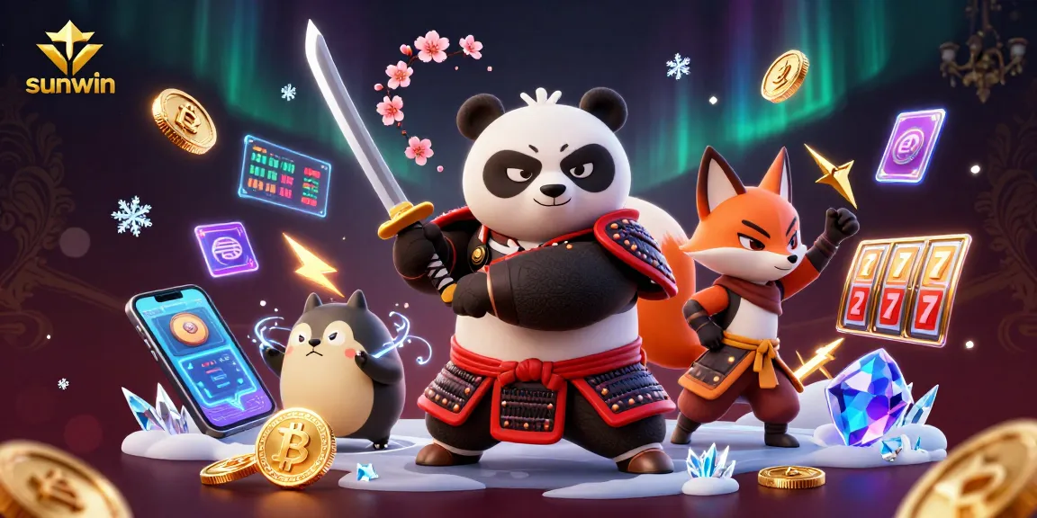 Engage with sunwin's top gaming experiences featuring a samurai panda and ninja fox amidst vibrant casino elements.