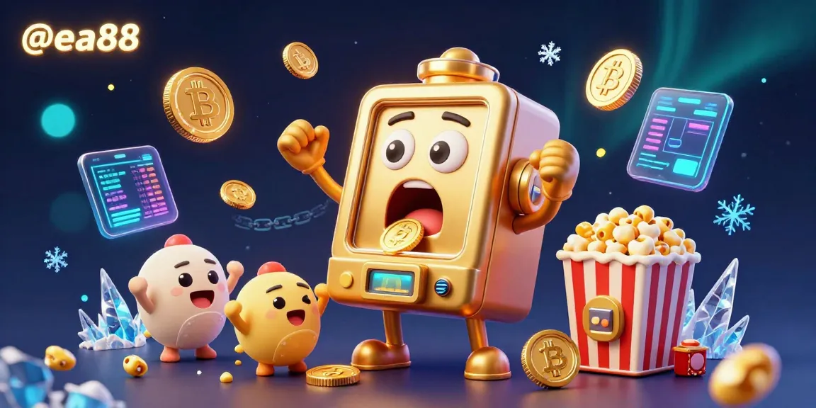 Engage with gaming excitement at @ea88 as cartoon slot machines celebrate a big jackpot amidst vibrant crypto elements.