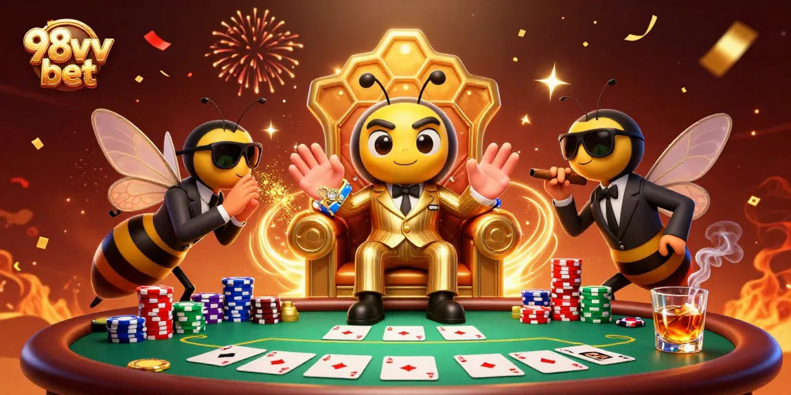 Engage in thrilling gameplay with 98vv bet, showcasing card games and poker chips in a vibrant, energetic scene.