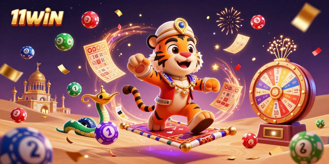 Experience the excitement of 11WIN with a vibrant 3D casino scene filled with games and magic.
