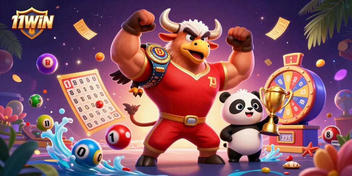 Engage with the vibrant world of 11WIN, featuring a victorious bull and dynamic lottery elements.