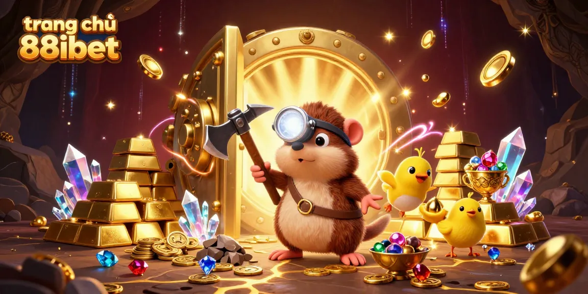 Experience the excitement of trang chủ 88ibet with a vibrant treasure hunting scene featuring gold, gems, and an adventurous mole.