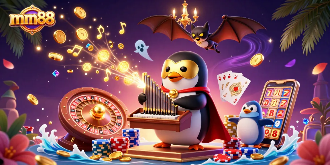 Experience the excitement of mm88 with a 3D penguin organist launching coins and illuminating casino elements.