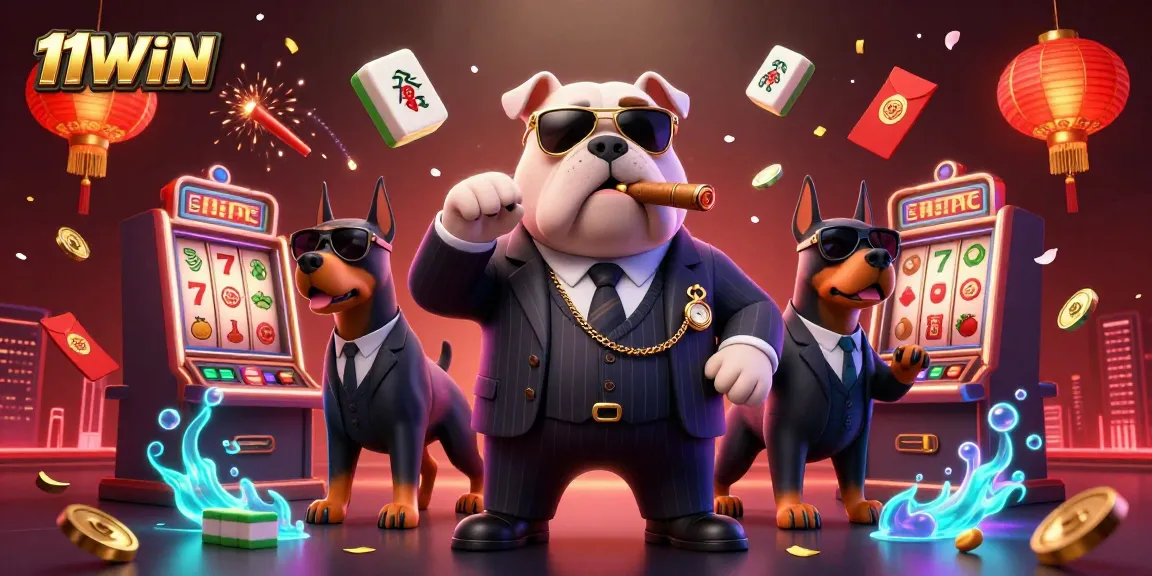 Experience thrilling wins at 11WIN with a vibrant scene of a mafia bulldog and slot machines.
