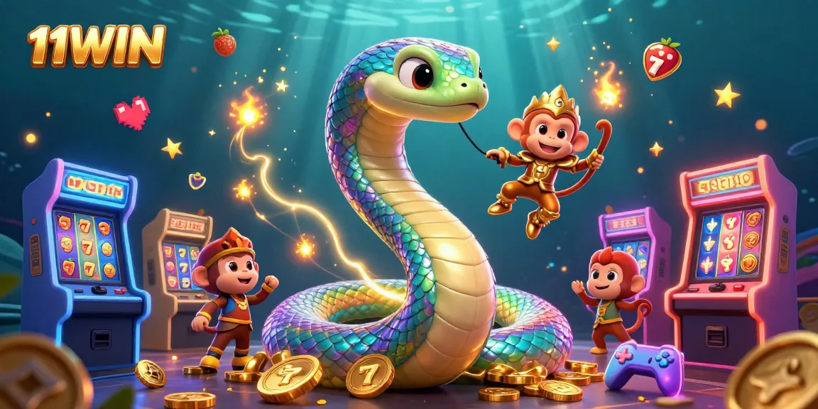 Engage in fun with 11WIN's vibrant arcade gaming and lottery elements in this dazzling illustration.